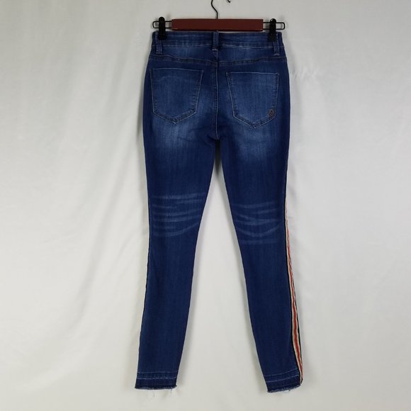 Indigo Rein Jeans Juniors 1 Mid Rise Ankle Distressed Stripe Accent Blue Denim - Picture 2 of 14